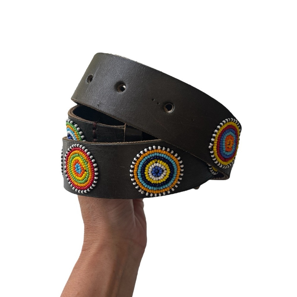 African Handcrafted Beaded Brown Leather Belt with Multicolor Circles- Sz 32